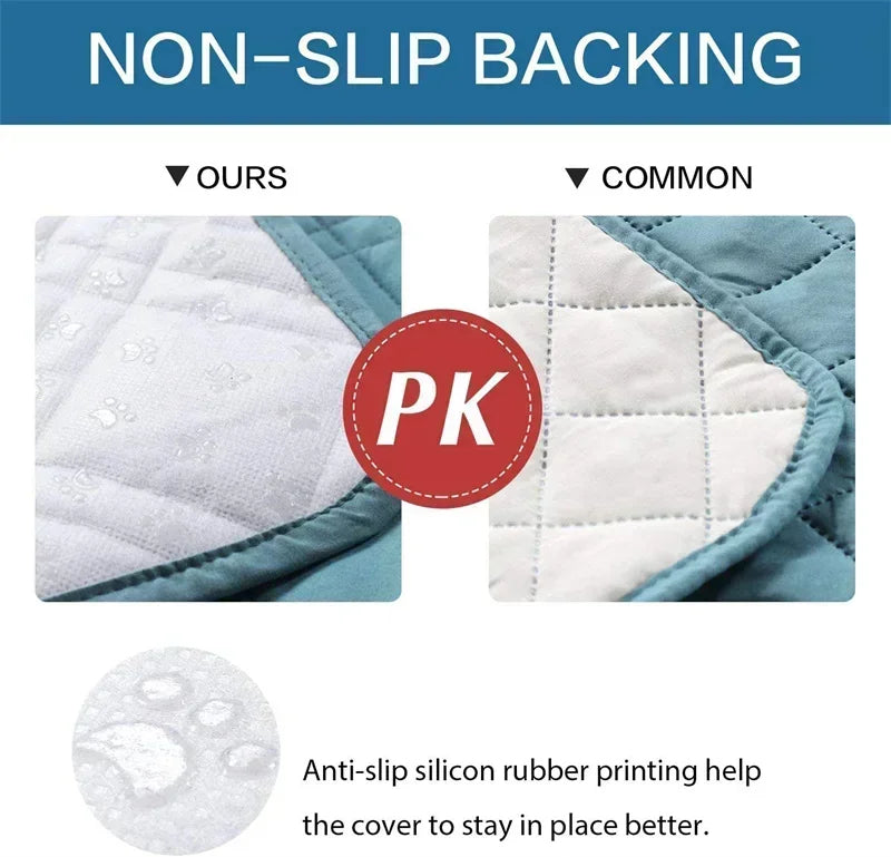Comparison of non-slip backing on quilted cover with PK logo and text about anti-slip silicon rubber printing.